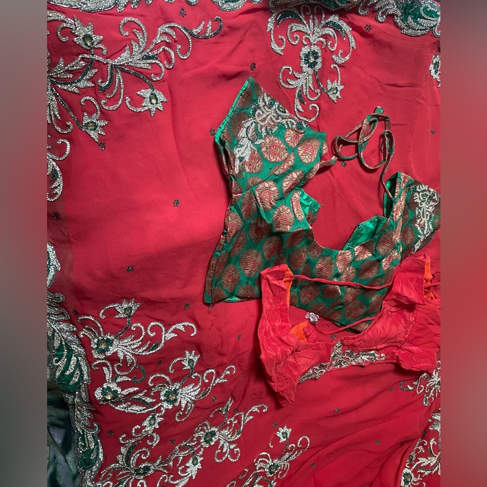 Burnt orange and green saree